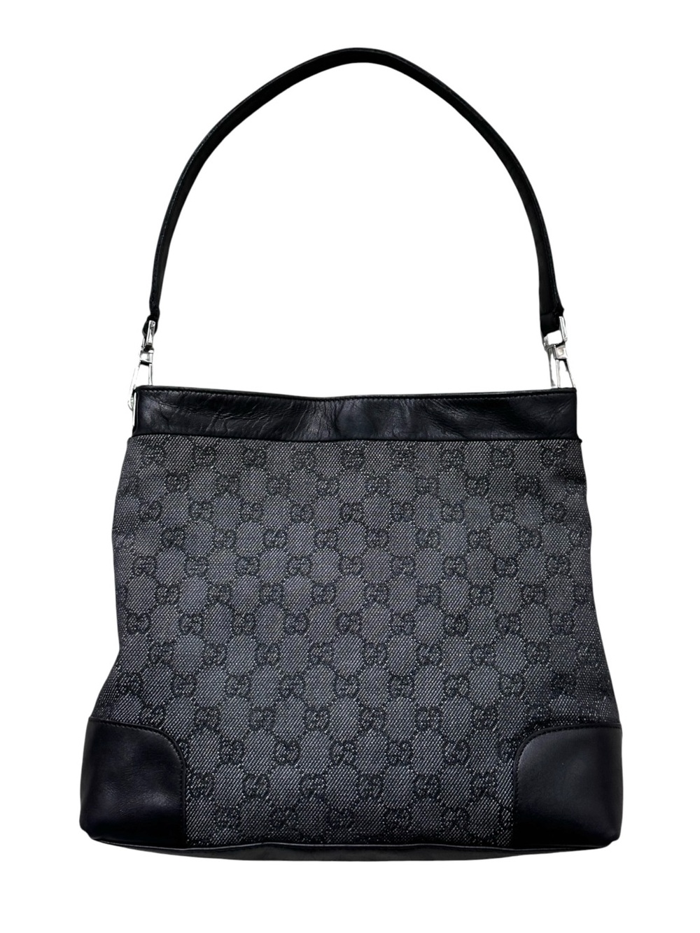 Vintage Gucci Gray GG Monogram Denim Canvas Black Leather Shoulder Hobo Bag